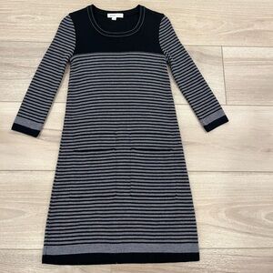 Chloe Womens Black Gray Wool Striped Crew Neck Long Sleeve Sweater Dress Size XS